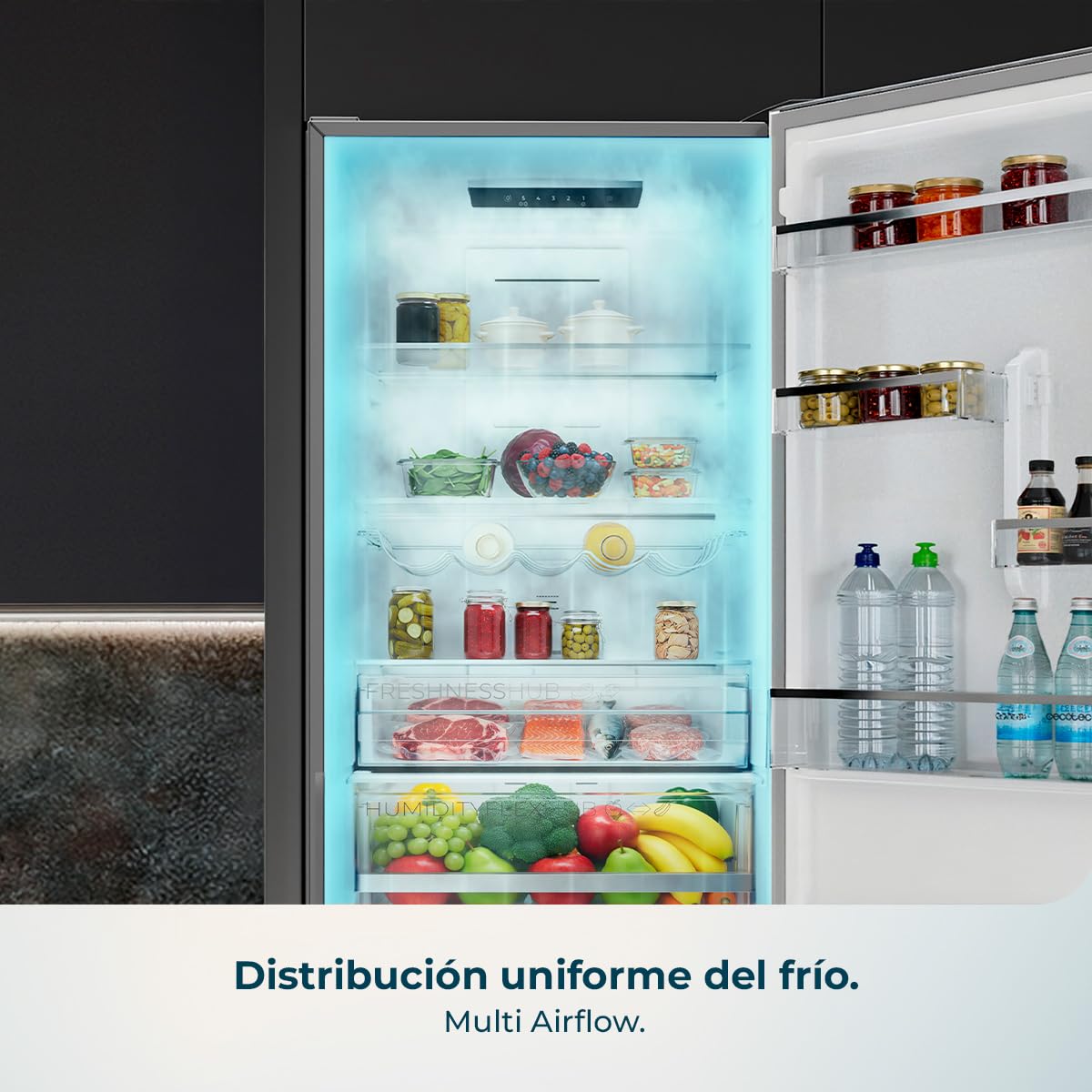 Cecotec Frigorífico Combi 322L Bolero CoolMarket Combi 322i Inox D. 185,5cm de Alto, 59,5cm de Ancho, Tecnología Multi Airflow, HumidityFlex HUB, LED Interior