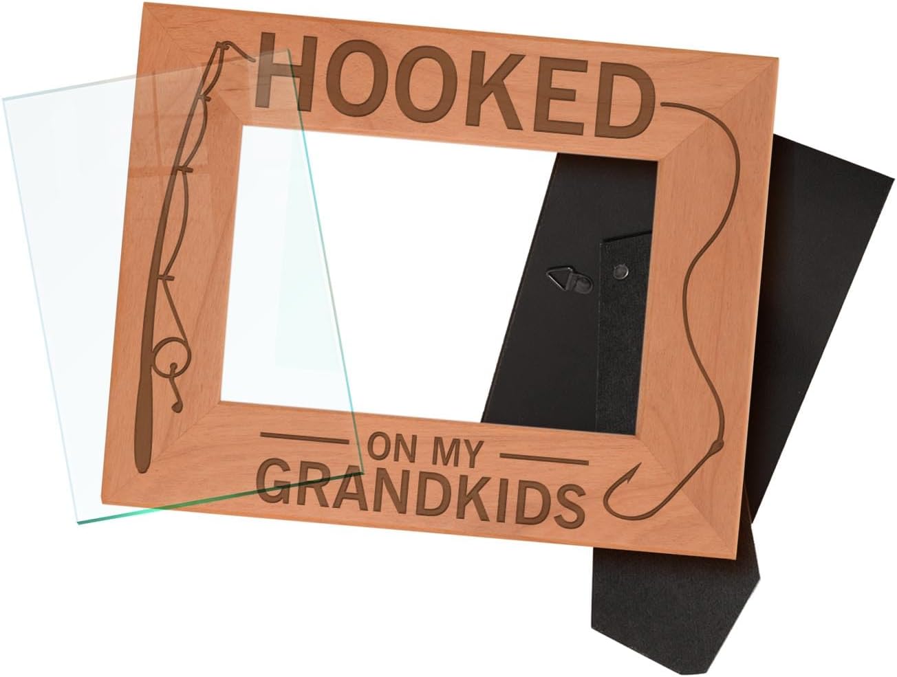 ThisWear Gift for Grandpa Hooked On My Grandkids Natural Wood Engraved 4x6 Landscape Picture Frame Wood
