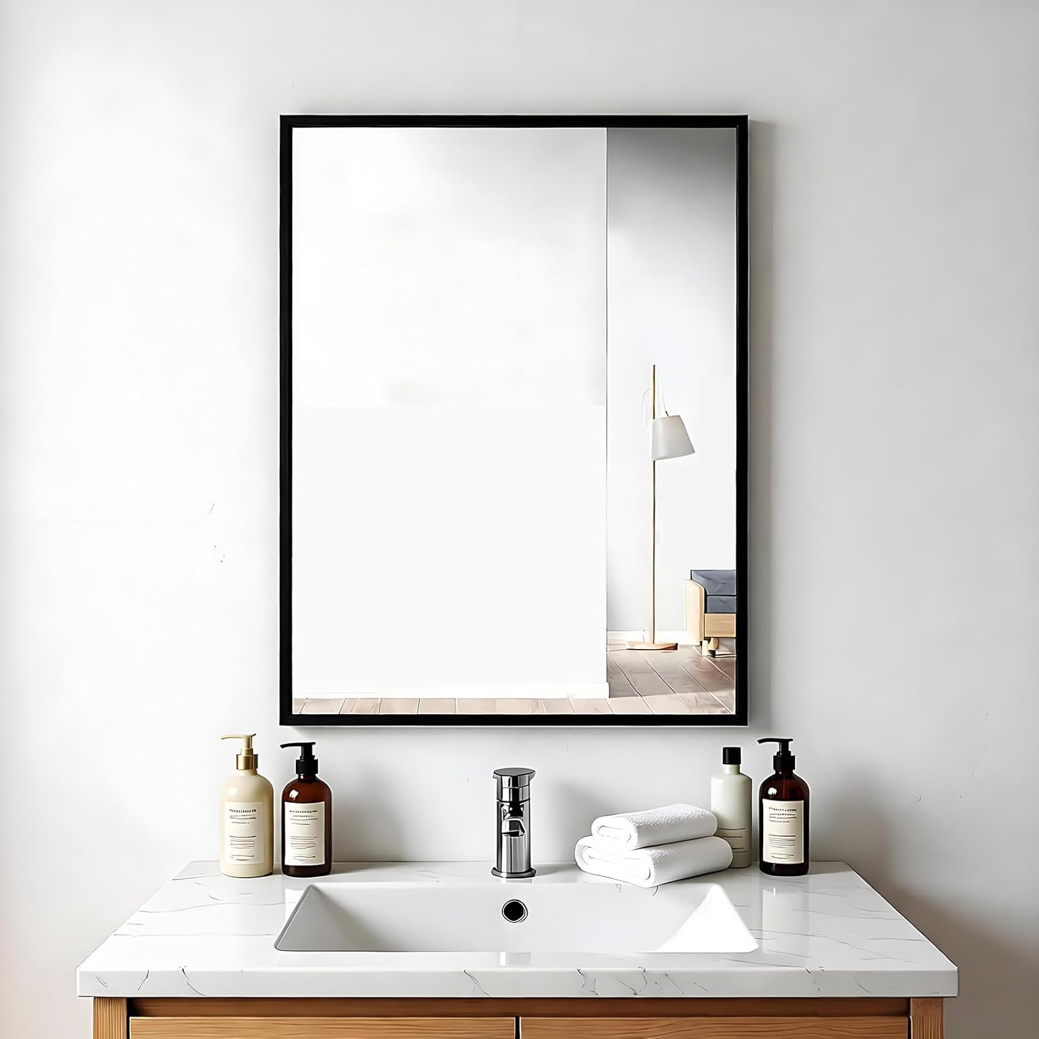 Rectangular Wall Mirror, Black Aluminum Frame, 24x32 Inches, Modern Style, Tempered Glass, Wall Mount for Bathroom Bedroom Living Room