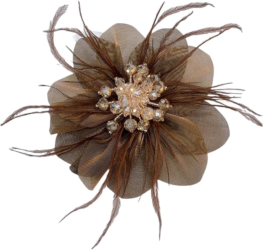 Dtja 4" Crystal Feather Flower Brooch Pin for Women Dainty Bright Satin Rhinestone Floral Brooches Lapel Hair Pins Elegant Wedding Cocktail Prom Party Hat Bag Suit Clothing Dress Accessories Jewelry Gift