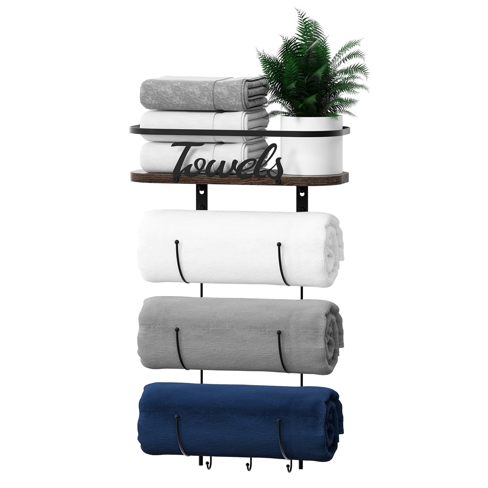 Tinpin Towel Rack with Wood Shelf, Towel Holder for Bathroom Wall with 3 Hooks, Bath Towel Storage, Bathroom Organizer Wall Decor for Small Bathroom/RV/Camper/Farmhouse-Brown