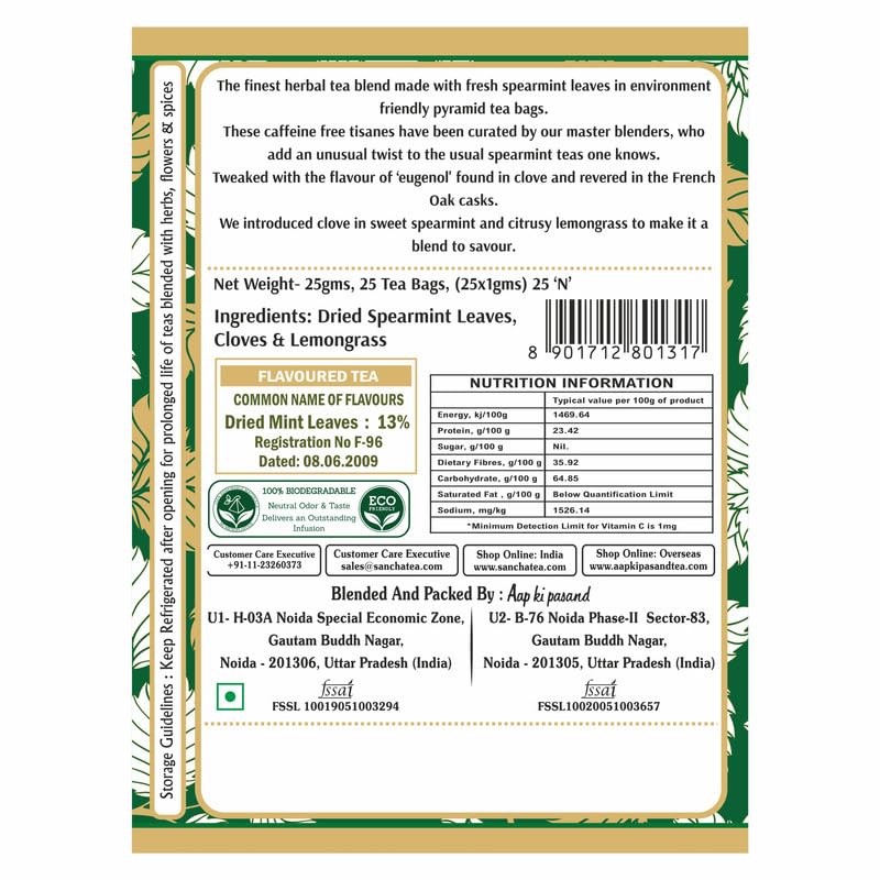 Image of SAN-CHA Sancha Tea Boutique,Spearmint Herbal Tea,25 Pyramid Tea Bags,Pure Spearmint Tea With Cloves&Lemongrass,Tea For Pcos&Pcod,Naturally Calming Tea,100% Caffeine Free Herbal Tea,150 Grams