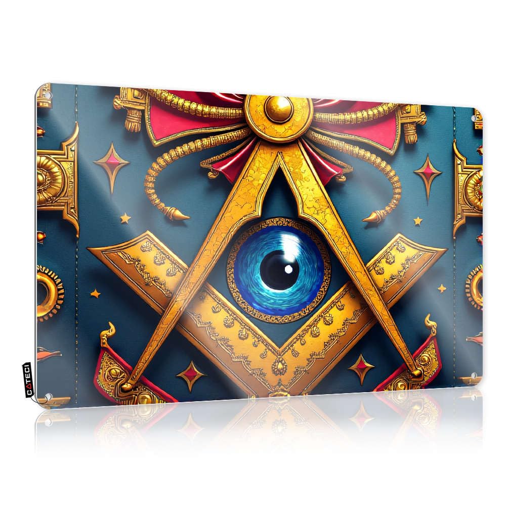 Metal Wall Decoration Gift For Biker Farmhouse Golden Emblem With Blue Eye Symbol. For Mountain - Artwork Customizable(30X40CM)