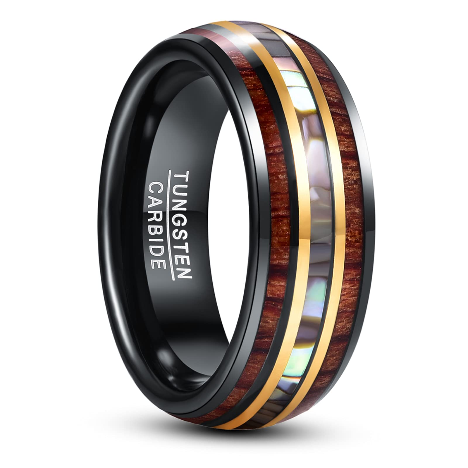 NUNCAD Anillo Hombre Mujer Unisex Oro + Negro Anillo de Madera y Concha de Abulón Anillo de 8 mm para Compromiso Diario y Moda Tamaños (12,5-27,5)