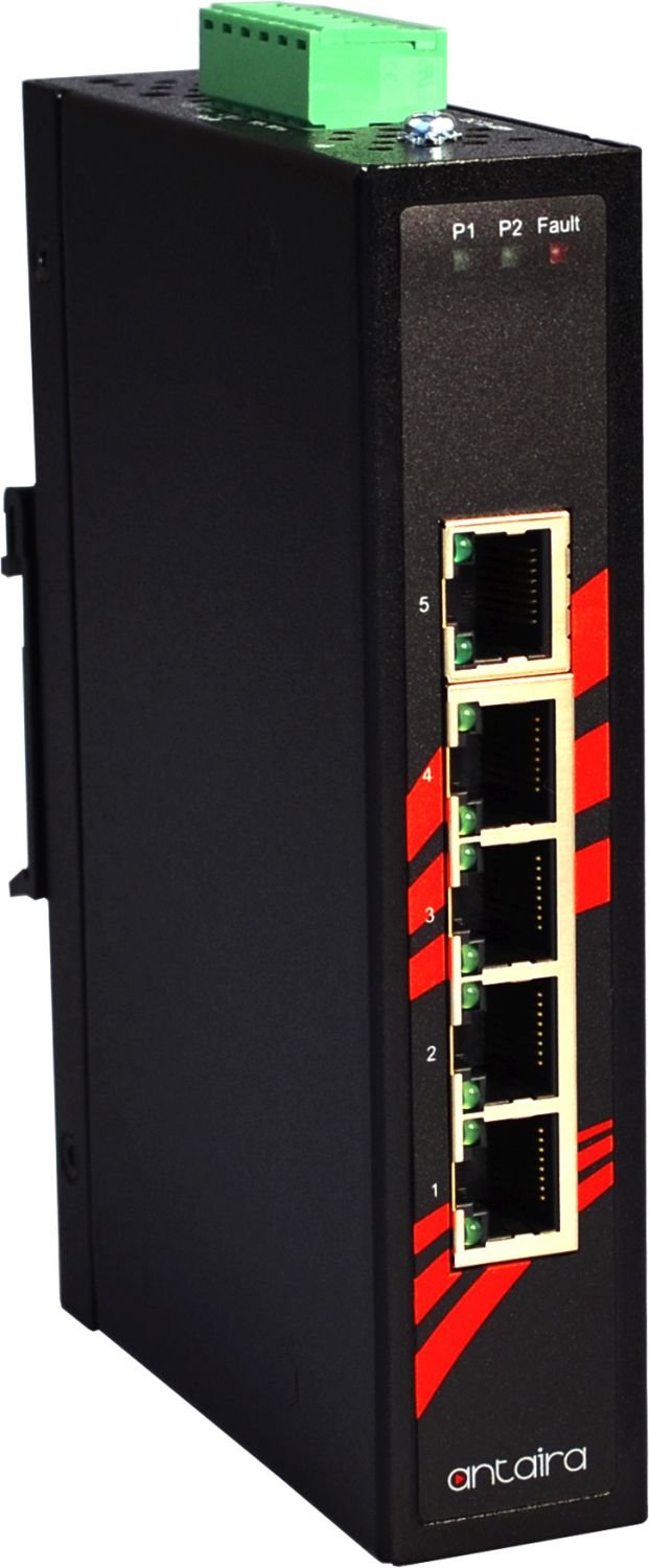 Antaira LNX-500AG-T Industrial-Grade 5-Port Unmanaged Gigabit Ethernet Switch, DIN-Rail Mount, -40 to 75°C Operating Temperature, Redundant 12 to 48 VDC Power Input