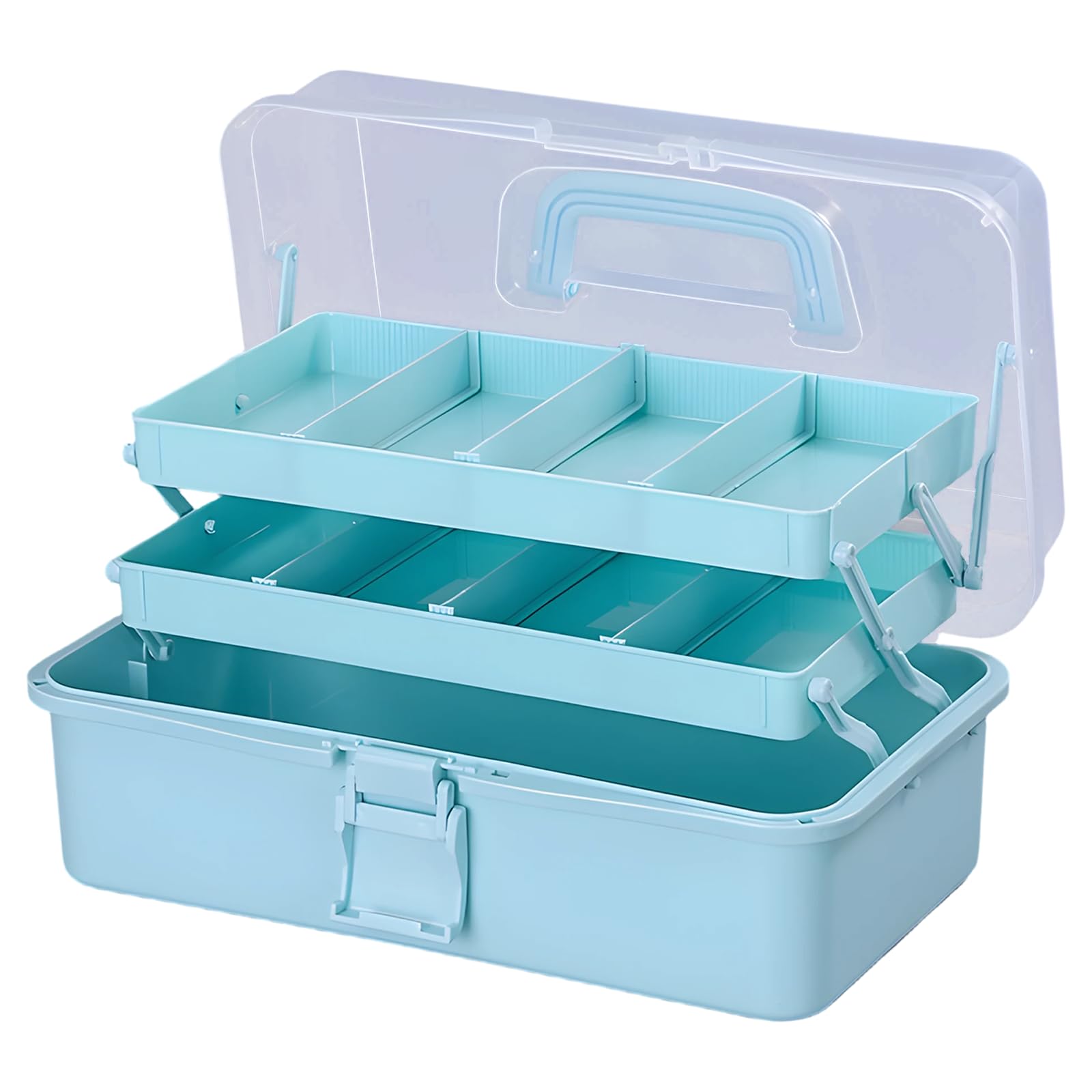 byepica Regulowane przegrody, przenośne pudełko na sprzęt, 3-warstwowy jasnoniebieski organizer do rękodzieła, ręczny organizer do szycia, 33 x 18 x 14 cm, duże pudełko do przechowywania przyborów