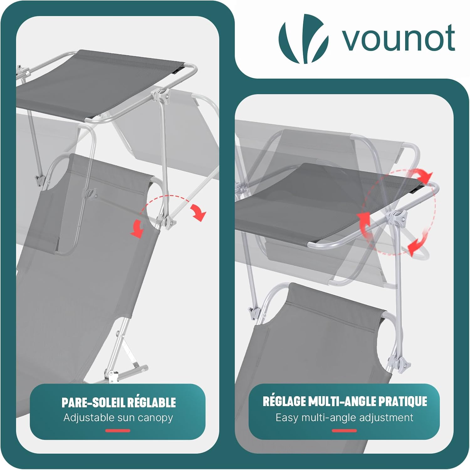 Images showing the adjustable sun canopy of the sun lounger