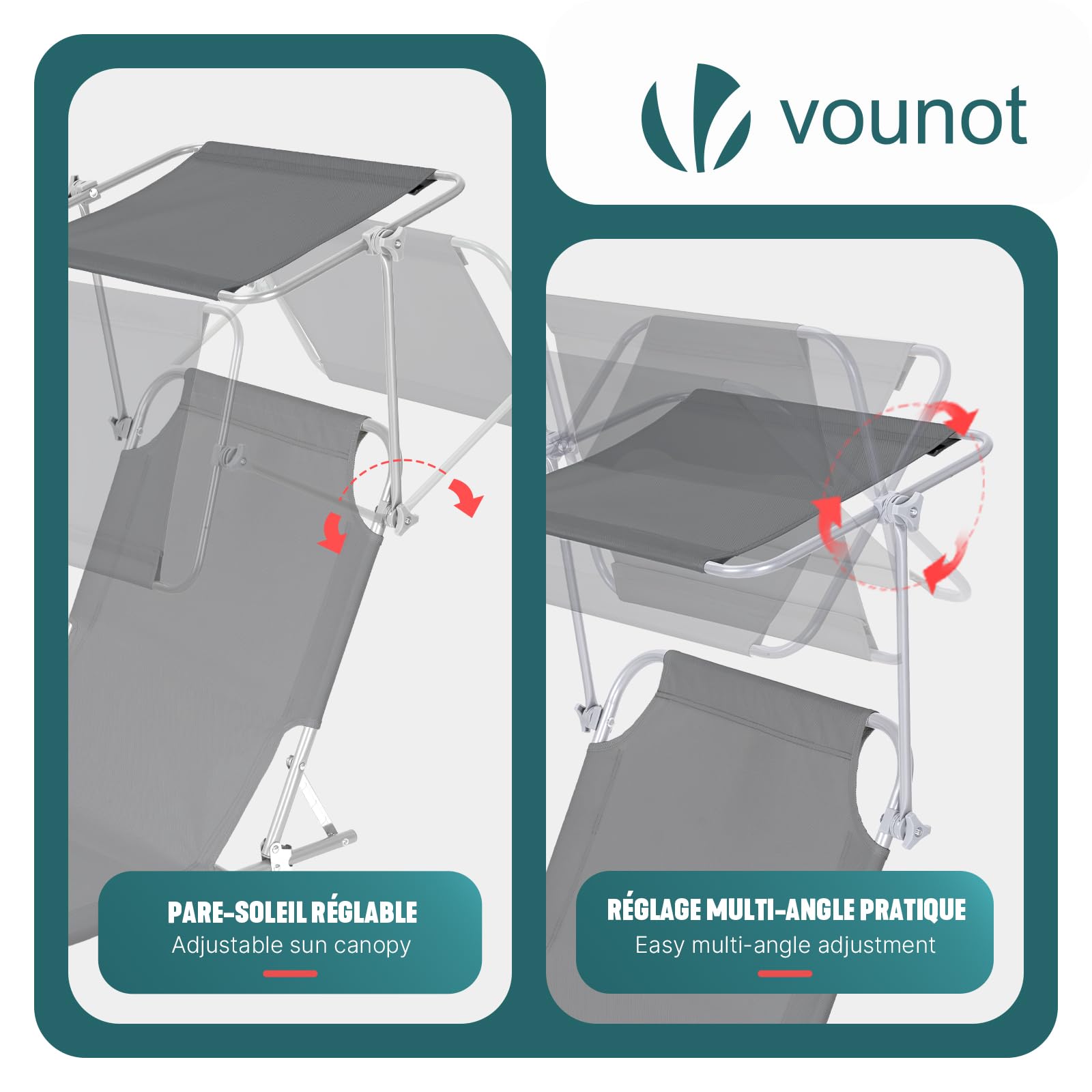 vounot® Lot de 2 Chaise Longue avec Pare Soleil Bain de Soleil Pliable Tissu Polyester Inclinable 4 Positions Transat Charge Max 120KG pour Jardin Terrasse Piscine Plage Camping Gris