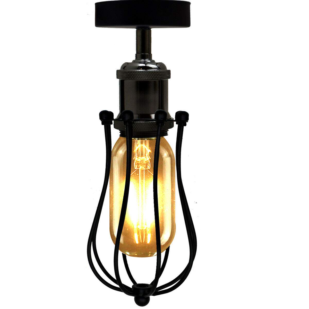 DCvoltage Industrial Vintage Ceiling Light Retro Flush Mount Cage Ceiling Light Wire cage Lampshade Easy Fit Ceiling Lamp for Dining Room Bar Clubs & Restaurants (Bright Black)
