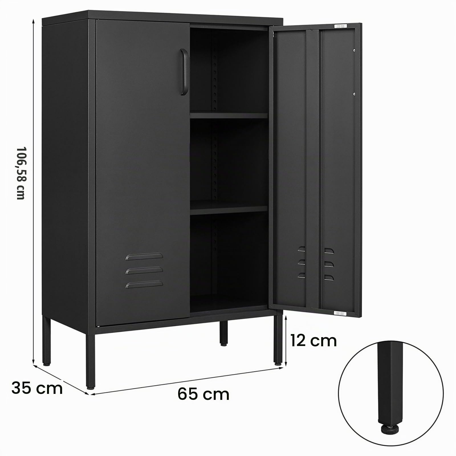 Sweiko Armoire de Rangement en Acier équipée de Deux Portes et de Deux étagères réglables, Meuble d'appoint Polyvalent, idéal pour Le Salon, la Cuisine ou la Chambre à Coucher (Black)