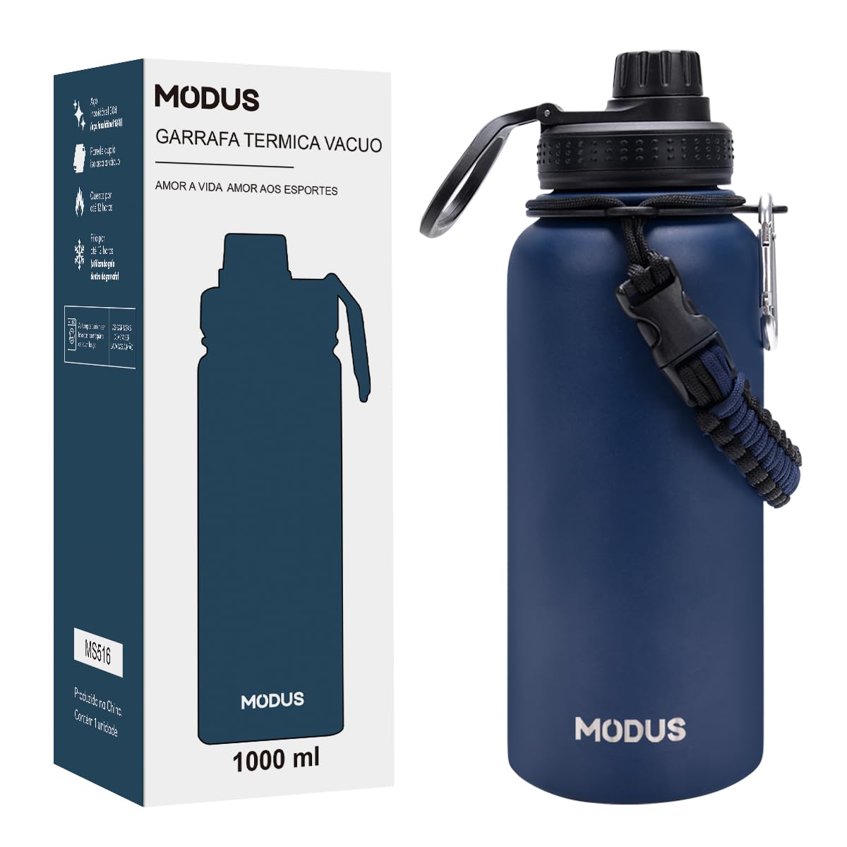 MODUS Garrafa Térmica Esportiva De Aço Inoxidável Com Isolamento A Vácuo De 1000ML (Azul)