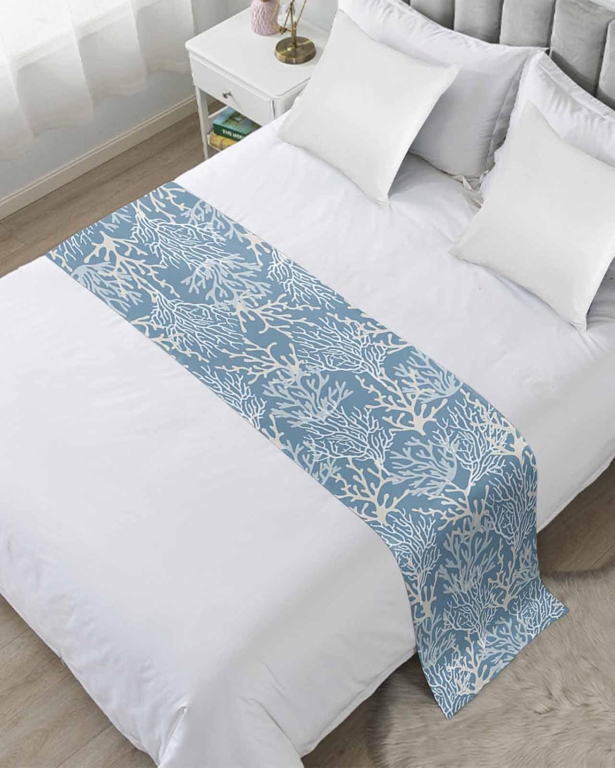 Blue Coral Coastal Bed Runner for King Size Bed, Bedspread Protector Slipcover Bed Scarf for Foot Bed Runners & Scarves for Bedroom Hotel Wedding Room 102x20 Inches Ocean Nautical Seaside Beach