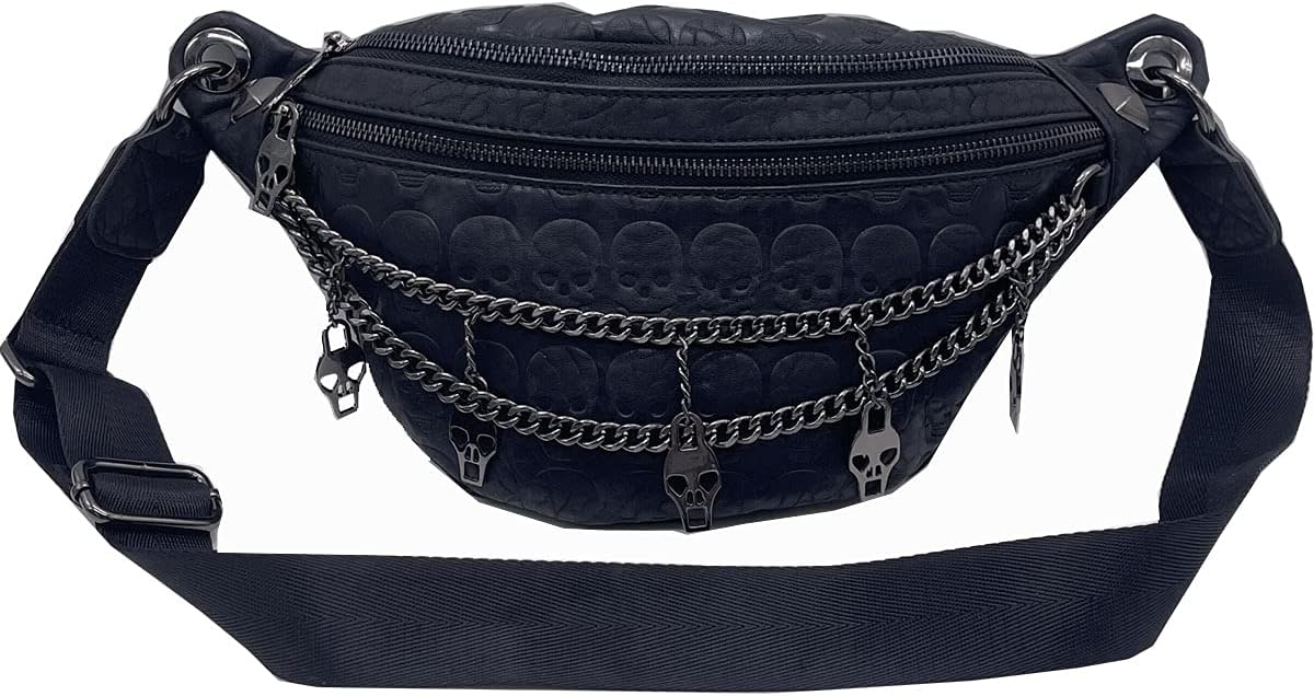 XingChen Women Waist Bags Skull Printing PU Leather Belt Bag Fanny Pack Crossbody Bumbag with Chain(Black)