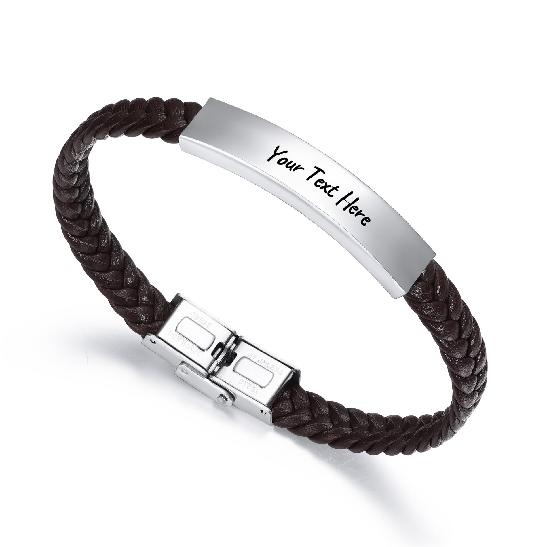 OTXIXTO Pulsera de Cuero Personalizada Grabado Nombre Fecha ID Acero Inoxidable Estilo Trenzado Ajustable Aniversario Amistad Regalo para Hombres Padre Mejor Amigo