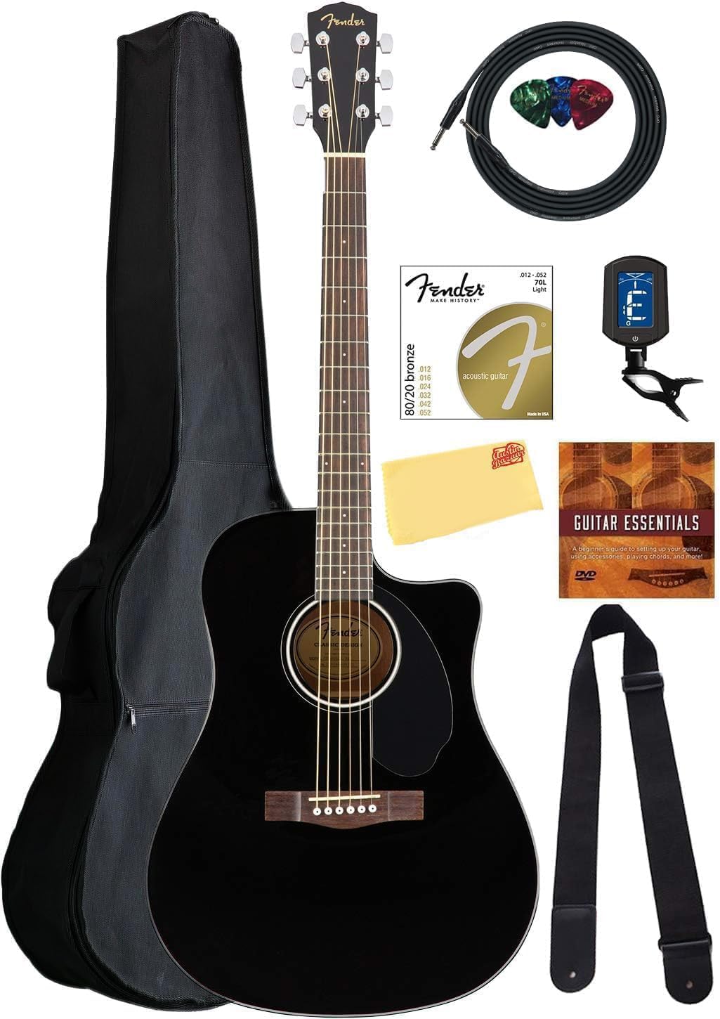 Fender CD-60SCE Solid Top Dreadnought Acoustic-Electric Guitar - Black Bundle with Gig Bag, Cable, Tuner, Strap, Strings, Picks, Austin Bazaar Instructional DVD, and Polishing Cloth