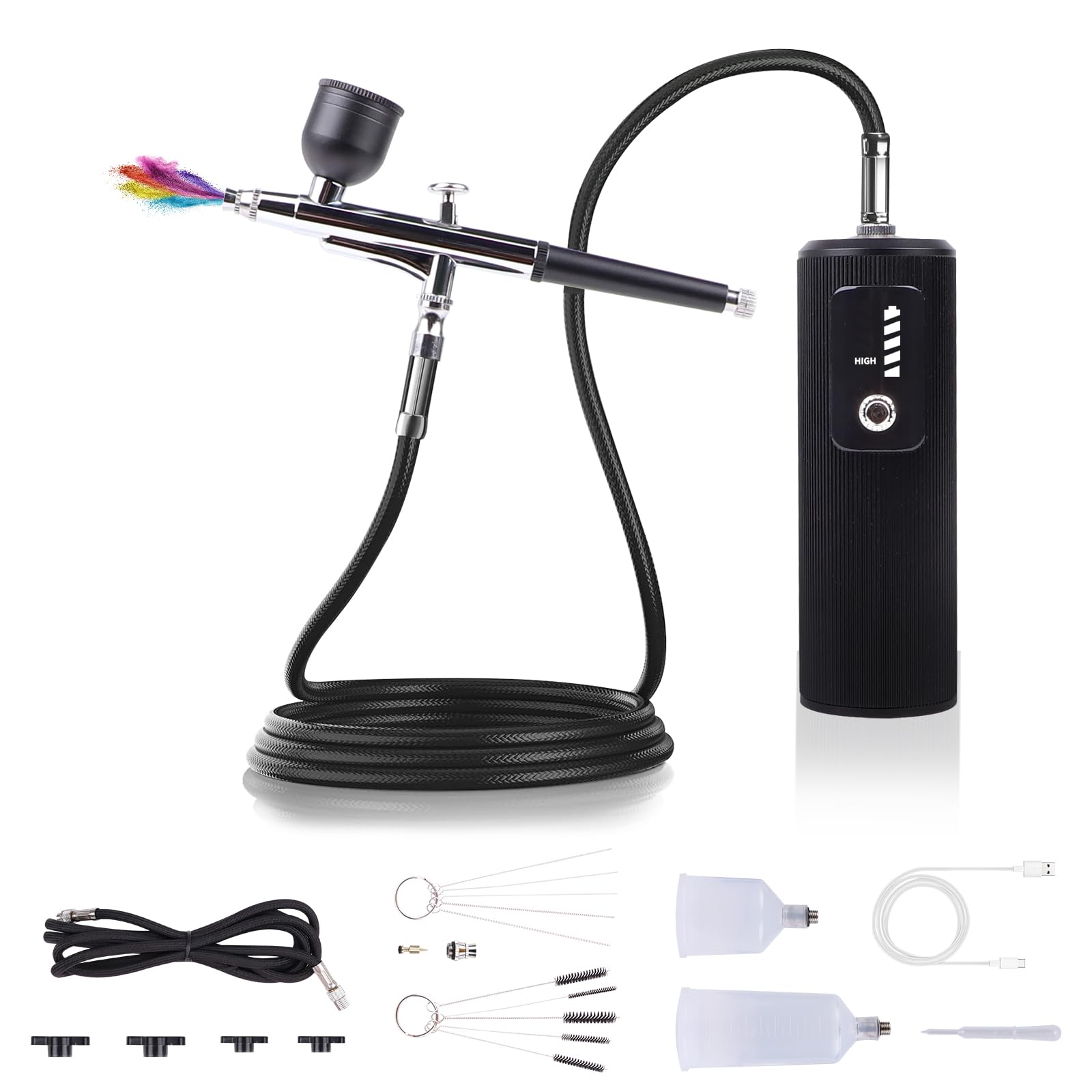 Eazy2hDAirbrush Kit for Nail With Compressor-Cordless Airbrush Set Rechargeable Dual Action High-Pressure Non-Clogging with 0.3/0.5mm Nozzle & Cleaning Brush Set for Art, Cake Decor, Makeup,Painting