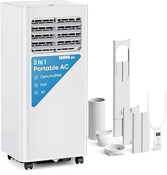 10,000 BTU Portable Air Conditioner with Remote, Sleep Mode, 24H Timer, 3-in-1 Function, Includes Window Kit