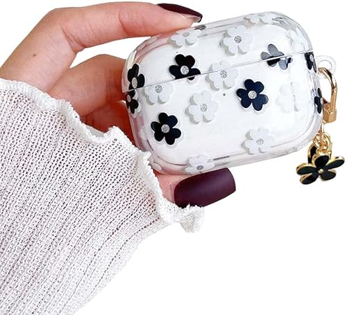 Funda protectora para AirPods de 3 generación con llavero, bonita funda protectora para auriculares con flores negras y flores, TPU suave y
