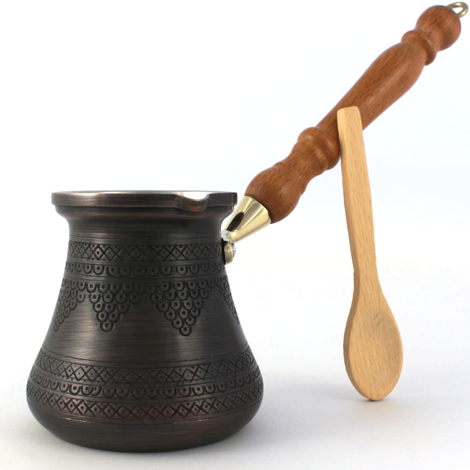 DEDE Copper - PCZ Series (Large-14fl.oz) - Thickest Solid Copper Engraved/Hammered Turkish Greek Arabic Coffee Pot with Wooden Handle, Stovetop Coffee Maker Cezve Jezve Jazva Ibrik Briki (Antique)