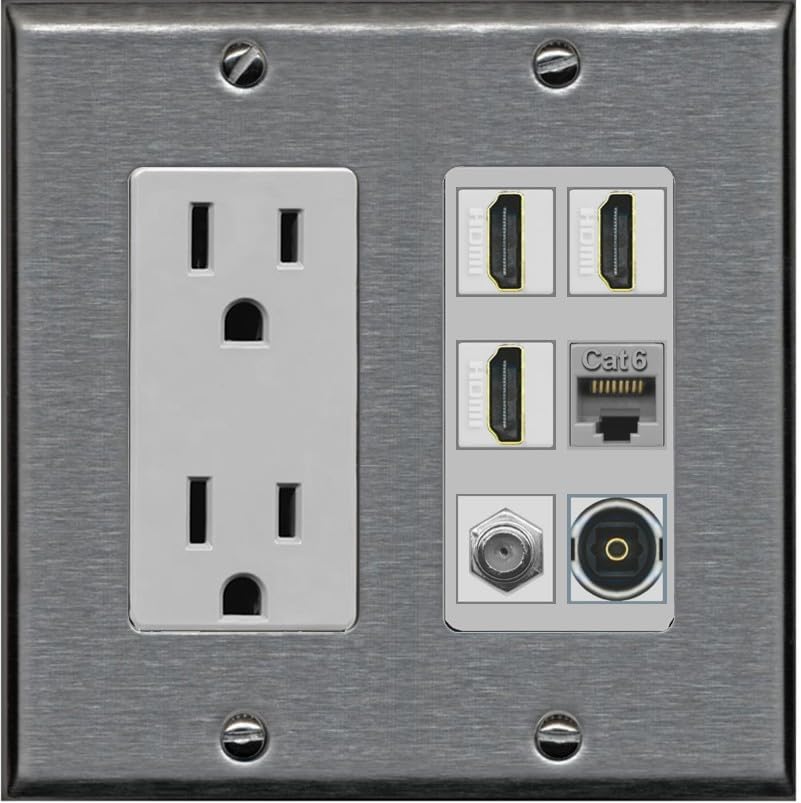 RiteAV 3 Port HDMI 1 Coax TV F-Type Cat6 Ethernet Toslink Optical Wall Plate - Outlet [Brown/Brown]