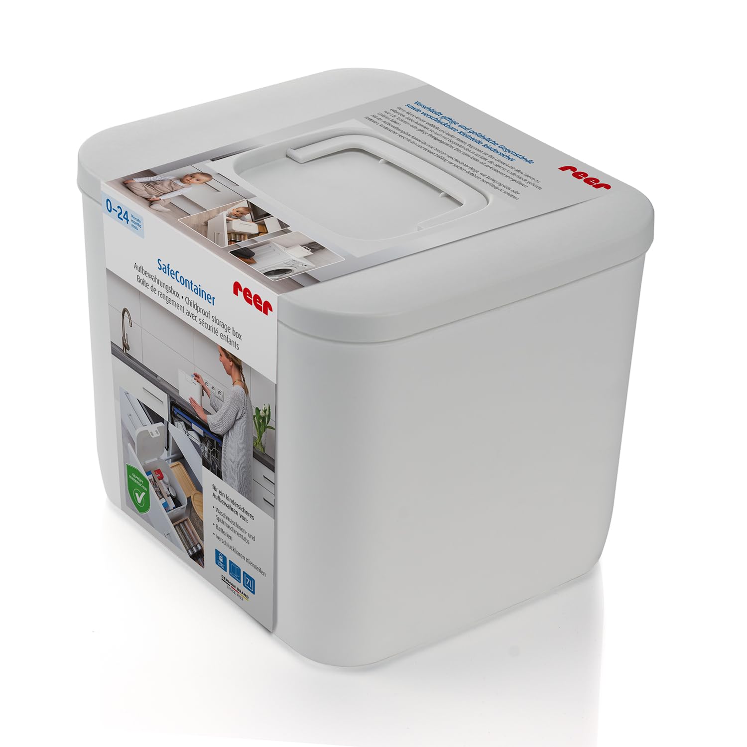 reer SafeContainer Storage Box, Protection Against Dangerous Small Parts, Childproof Closure, Non-Slip, Secure Closure of Detergent Tabs, Batteries, Medicines and Much More, White