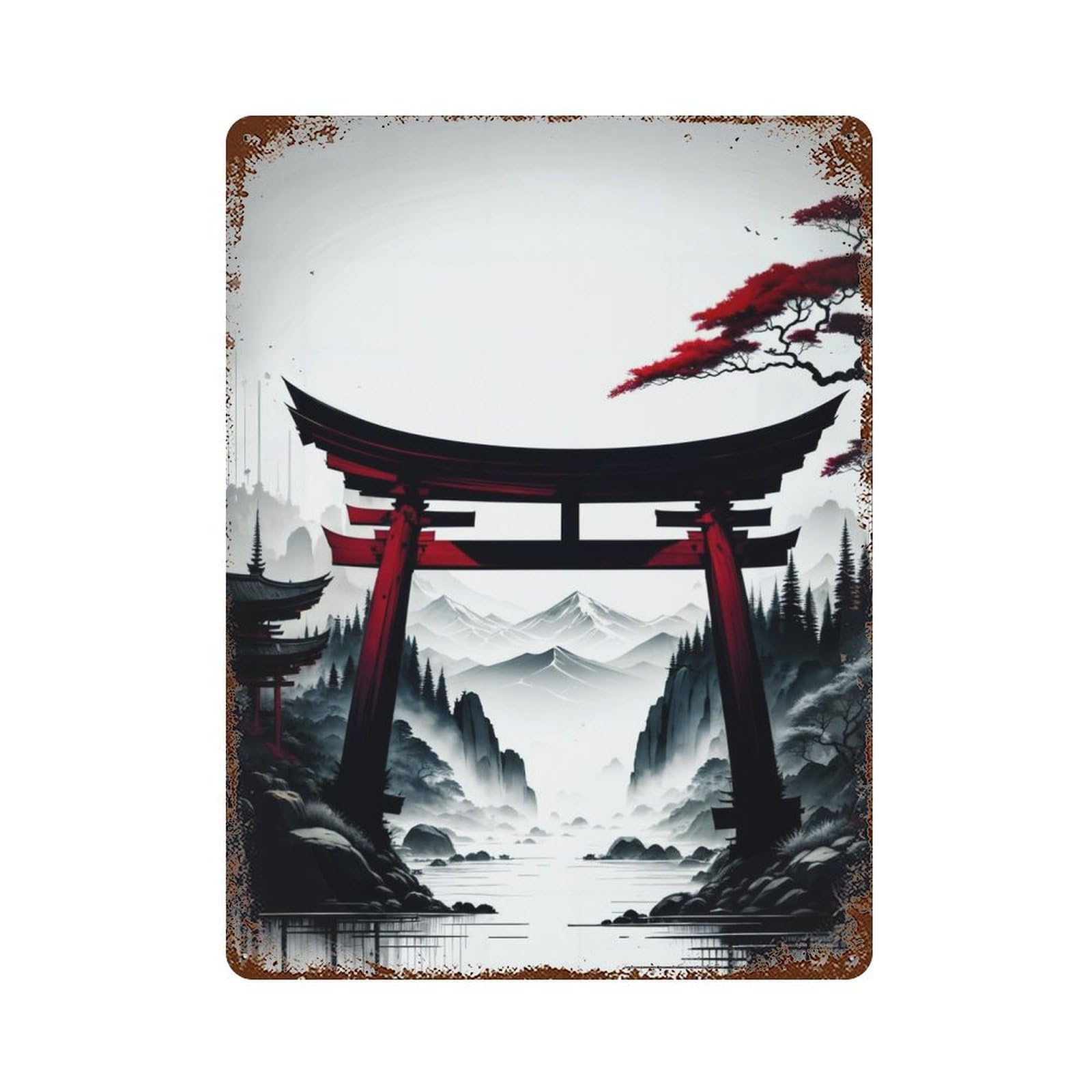 Torii Gate Japanese Art 15.7"x11.8" Rusty Metal Tin Sign, Novelty Wall Decor for Cafe, Home Bar And Lounge Decor