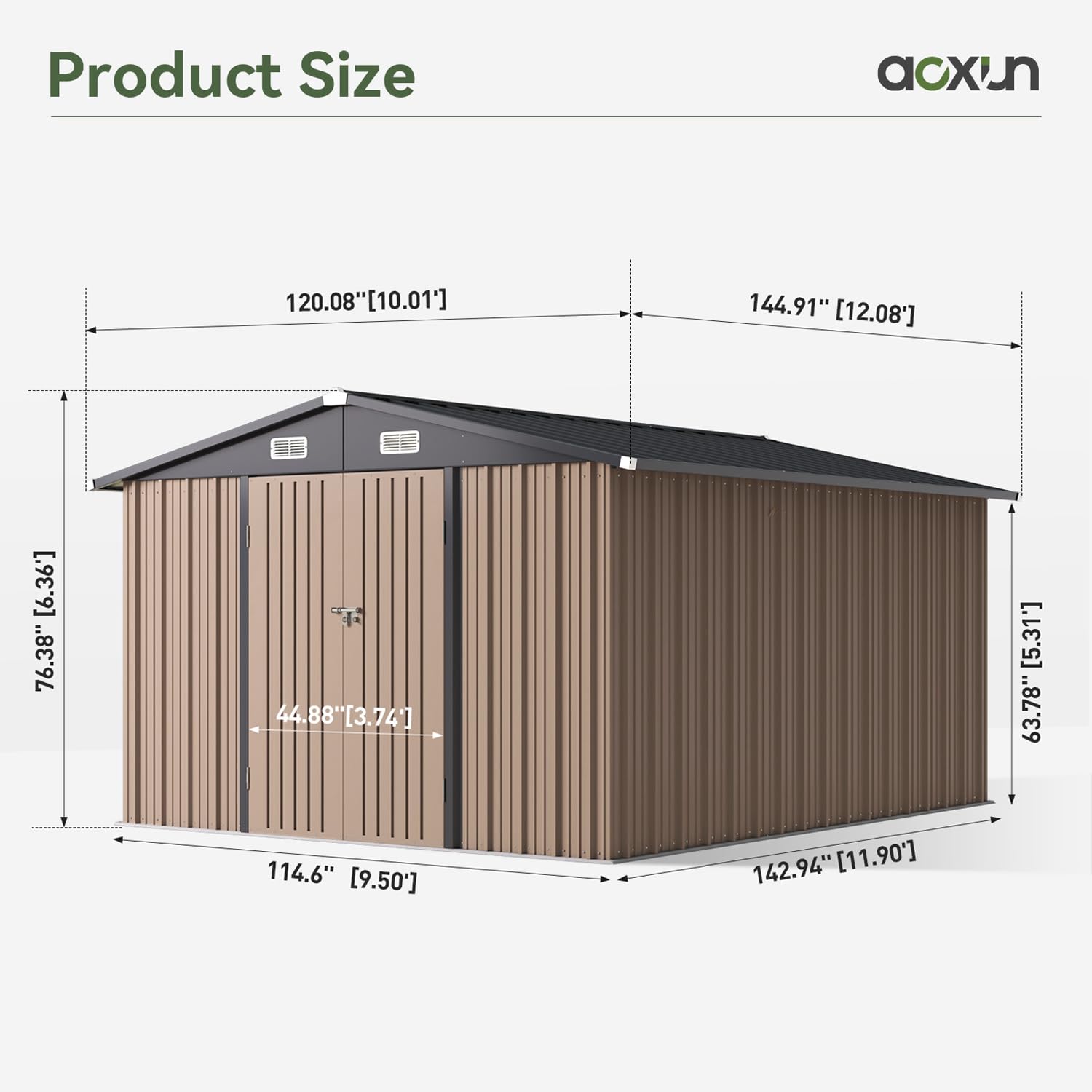 Product dimensions diagram of the Aoxun shed, showing length, width, and height measurements.