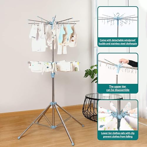 Miniatura 3 de Hershii Estante de secado de ropa plegable de 3 niveles para interiores y exteriores, soporte plegable para colgar ropa, ahorro de espacio con