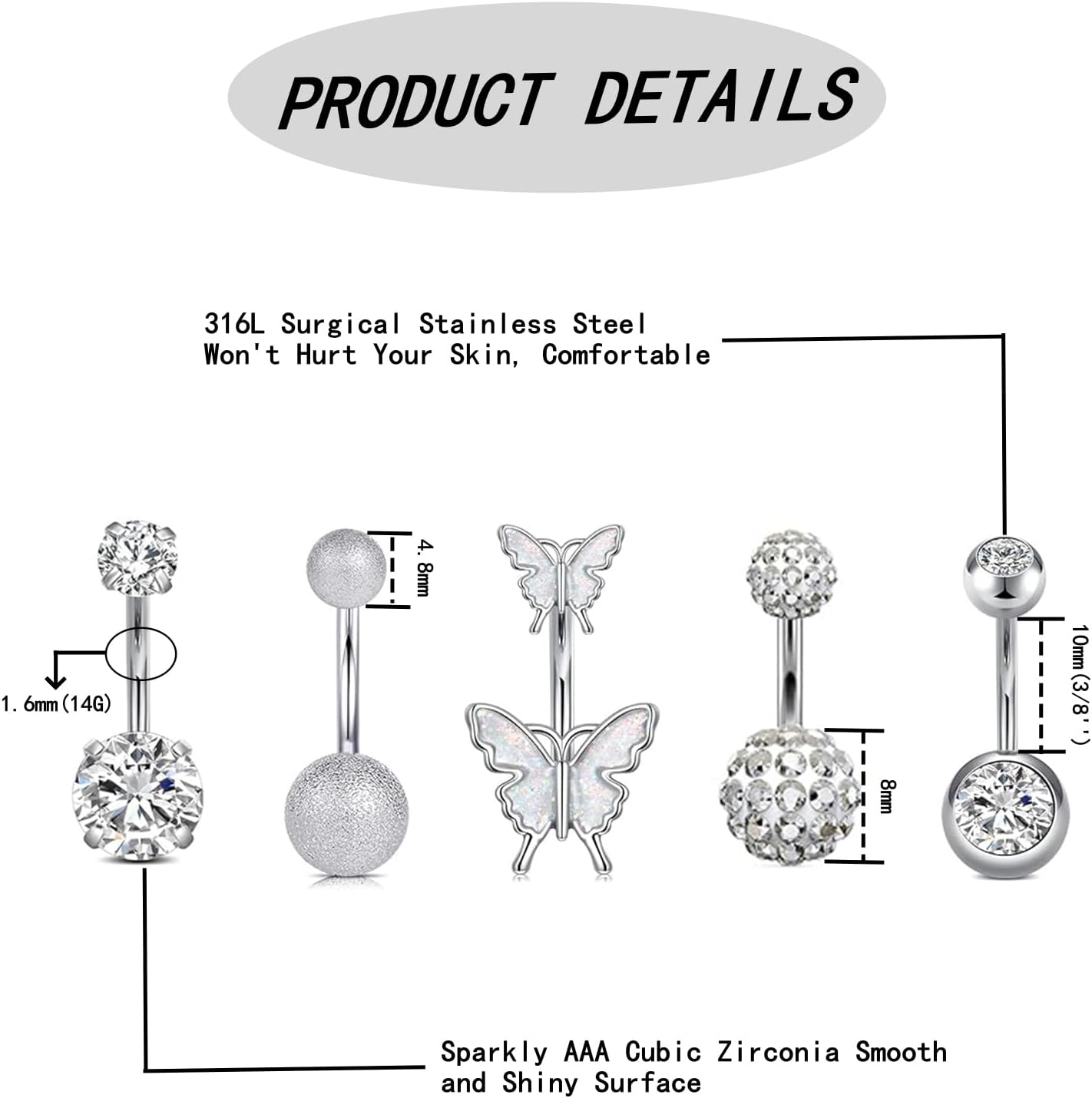 5 Pcs Belly Button Rings Set - 14G Hypoallergenic Surgical Steel CZ Navel Piercing Jewelry, Silver Clicker Belly Rings for Women, Butterfly & Ball Design Belly Rings - Image 2