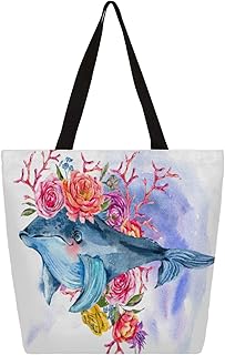 Sacola de lona para mulheres, aquarela, oceano, animal, baleia, flor, sacolas grandes para homens com bolsos, sacolas de compras resistentes, sacolas de compras reutilizáveis, bolsa de ombro casual para escola, trabalho, praia, Multicor