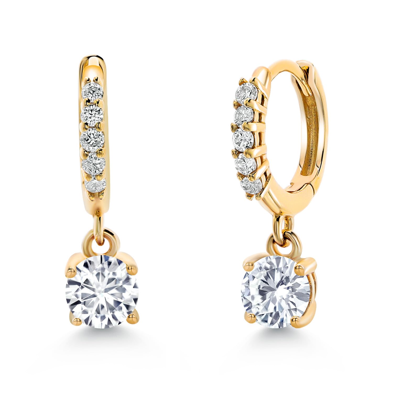 Gem Stone King 10K Yellow Gold White Lab Grown Diamond Dangle Drop Huggie Hoop Earrings For Women 0