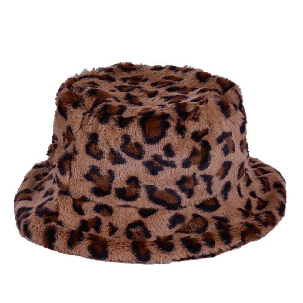 KGM Leopard Print Soft Fleecy Faux Fur Bucket Fisherman hat - Festival Summer Winter Hats (Brown)