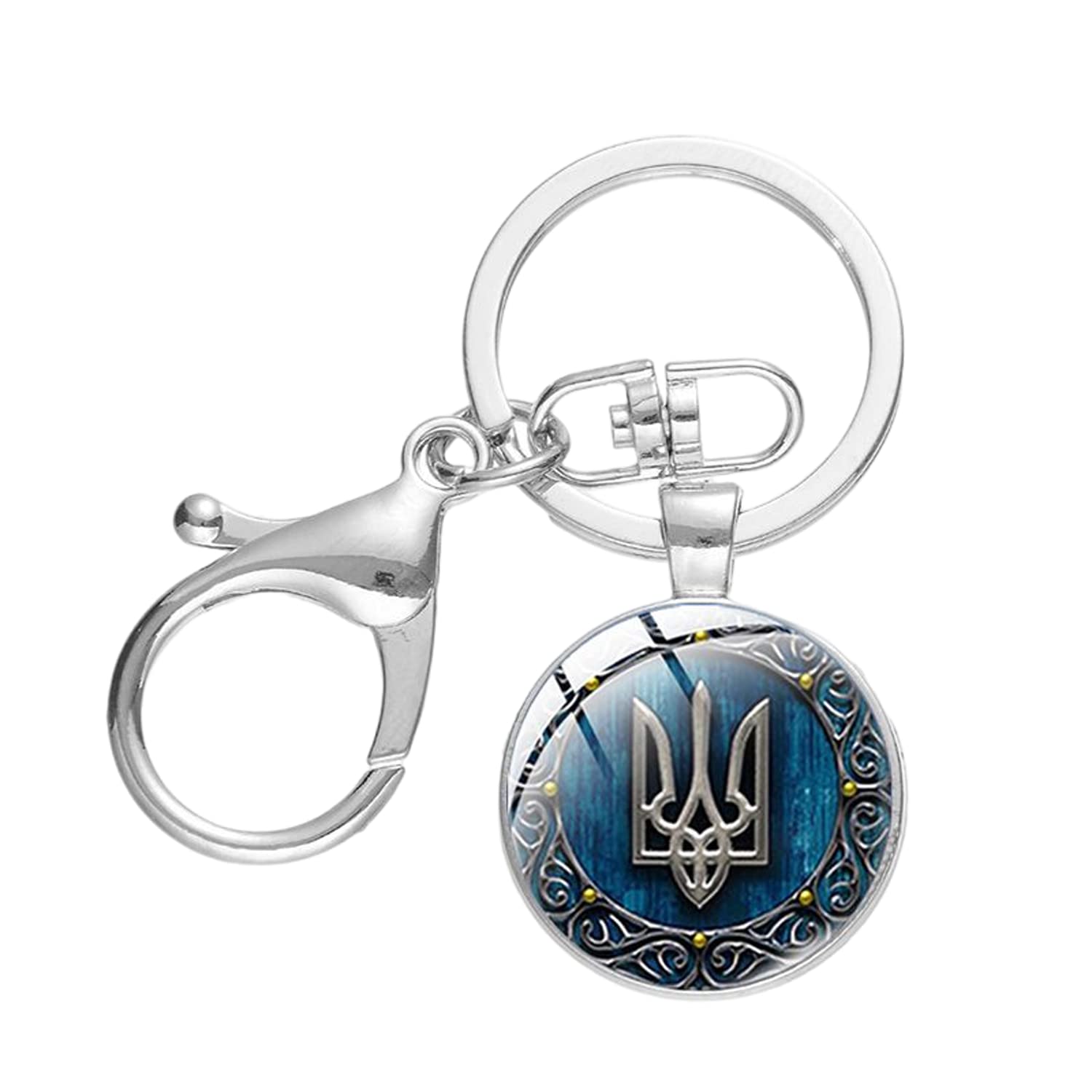 Zeia3 Men's Brown Vintage Tryzub Ukraine Keychain Ukrainian Symbol Rune Flag Trident Pattern Glass Cabochon Wo Lobster Buckle Keyring Gift