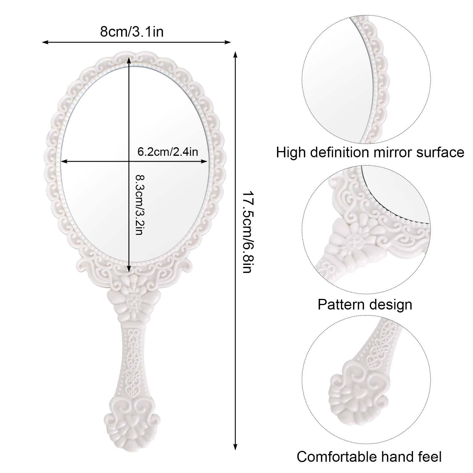 Specchio con Manico,Specchio Portatile Professionale,Specchio Barbiere con Comoda Maniglia,Specchio Cosmetico Forma Rotonda,Sostenibile e Durevole,Perfetto per Radersi o Applicare il Trucco (Bianco)