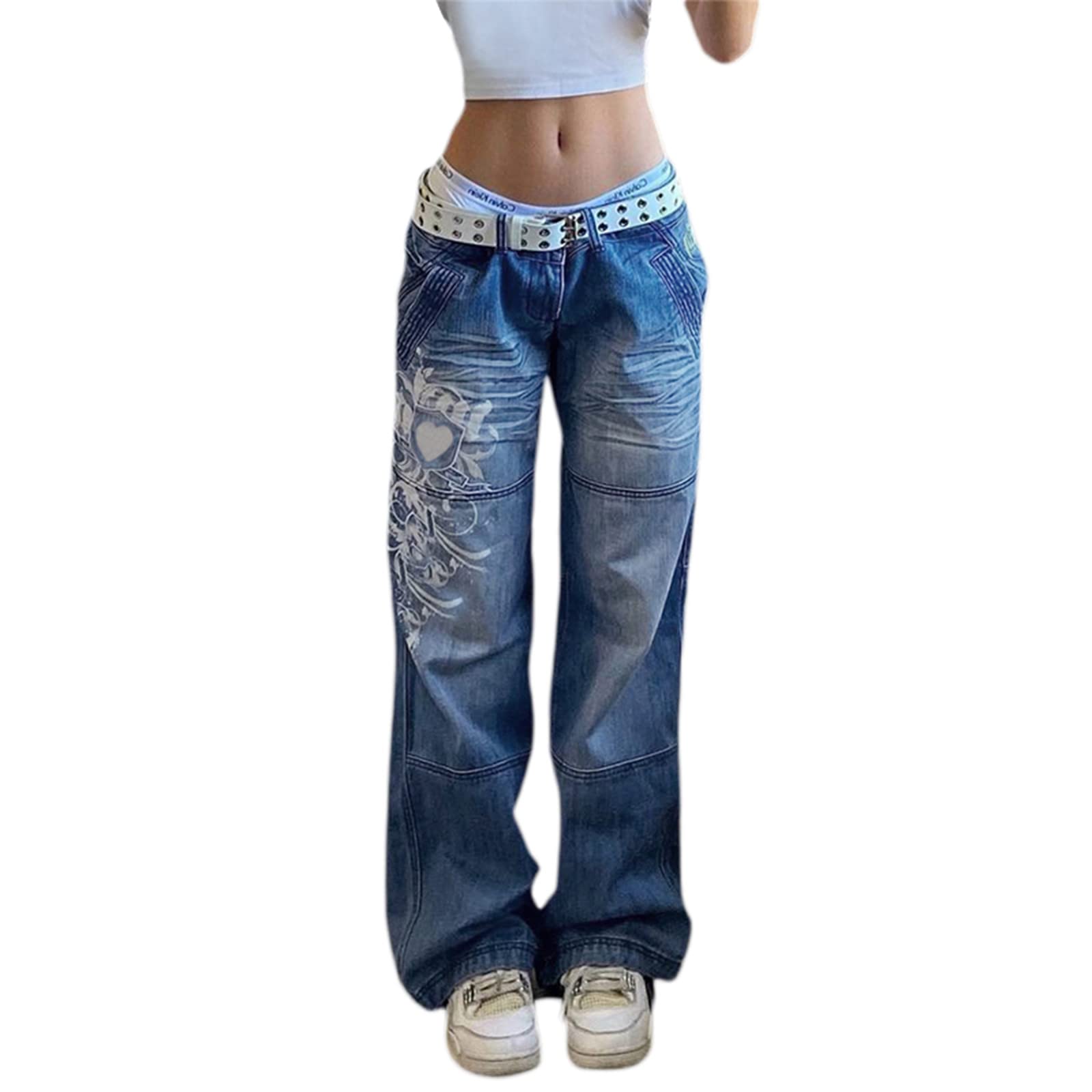 Indie Aesthetics Jeans for Women Gothic Punk Wide Leg Long Length Denim Pants Y2k Loose Casual Jeans Streetwear