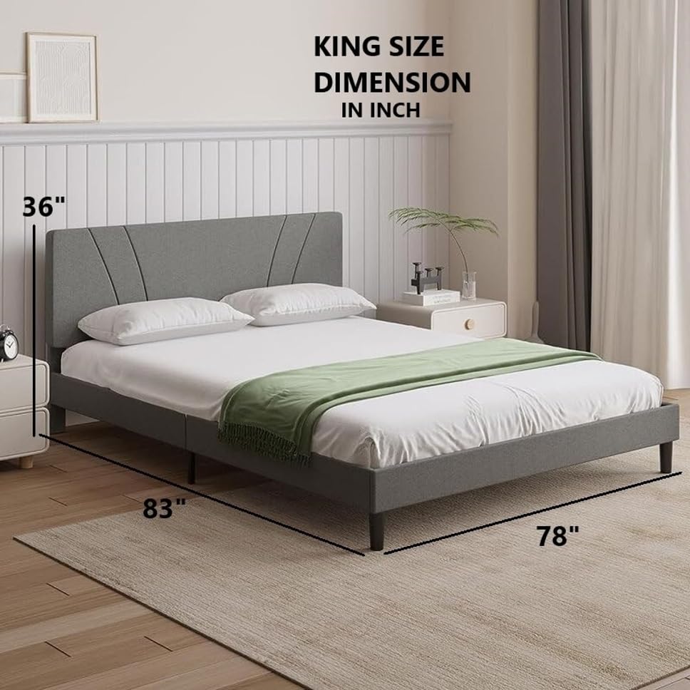 Image of Wooden Modern Upholstered King Size Bed for Bedroom | Wooden Double Bed Without Storage | Platform Cot Upholstered Bed with Upholstery Fabric | Engineered Wood | 6.5 x 6 Ft | Light Grey-A