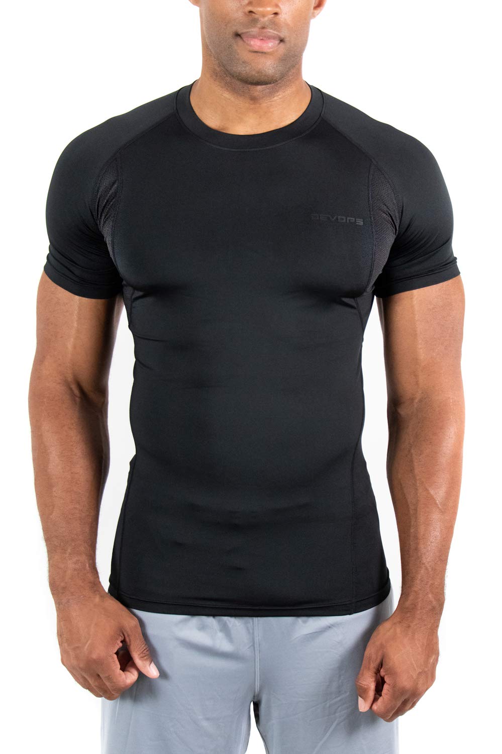 DEVOPS 3 Pack Men's Athletic Short Sleeve Compression Shirts (Medium, Black/Black)