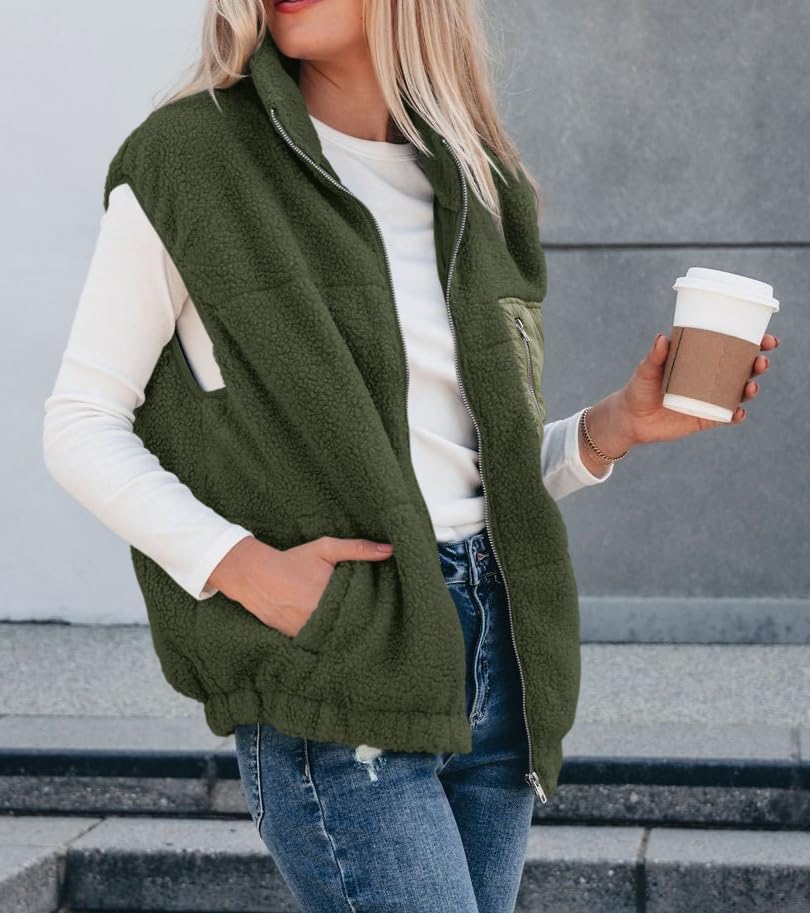 Women's Oversized Sherpa Vest Casual Warm Fleece Fuzzy Jackets Sleeveless Zip Up Cozy Vests Outerwear with Pockets - Image 3