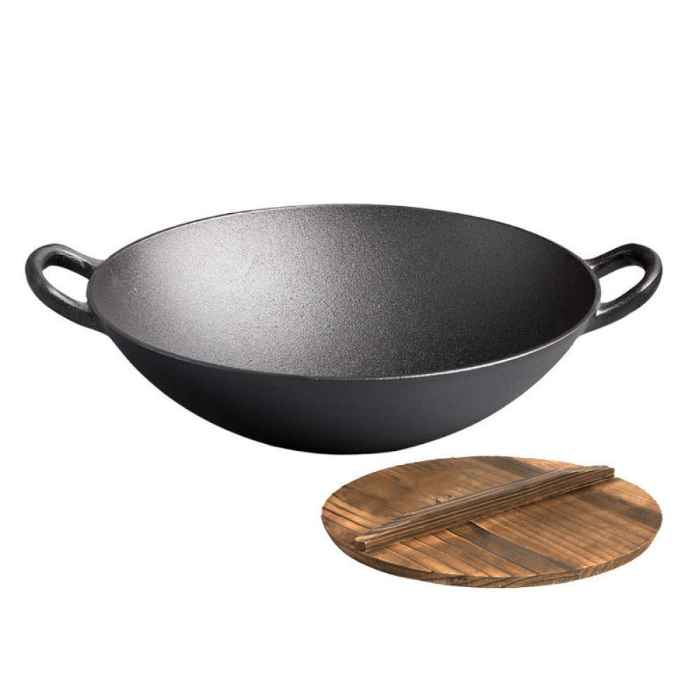 Cast Iron Wok Pan Uncoated Non-Stick Pan Double Ear Round Bottom Cast Iron Cooking Pot Household Manual Durable Thick Cast Iron Pot,Woodencover34cm
