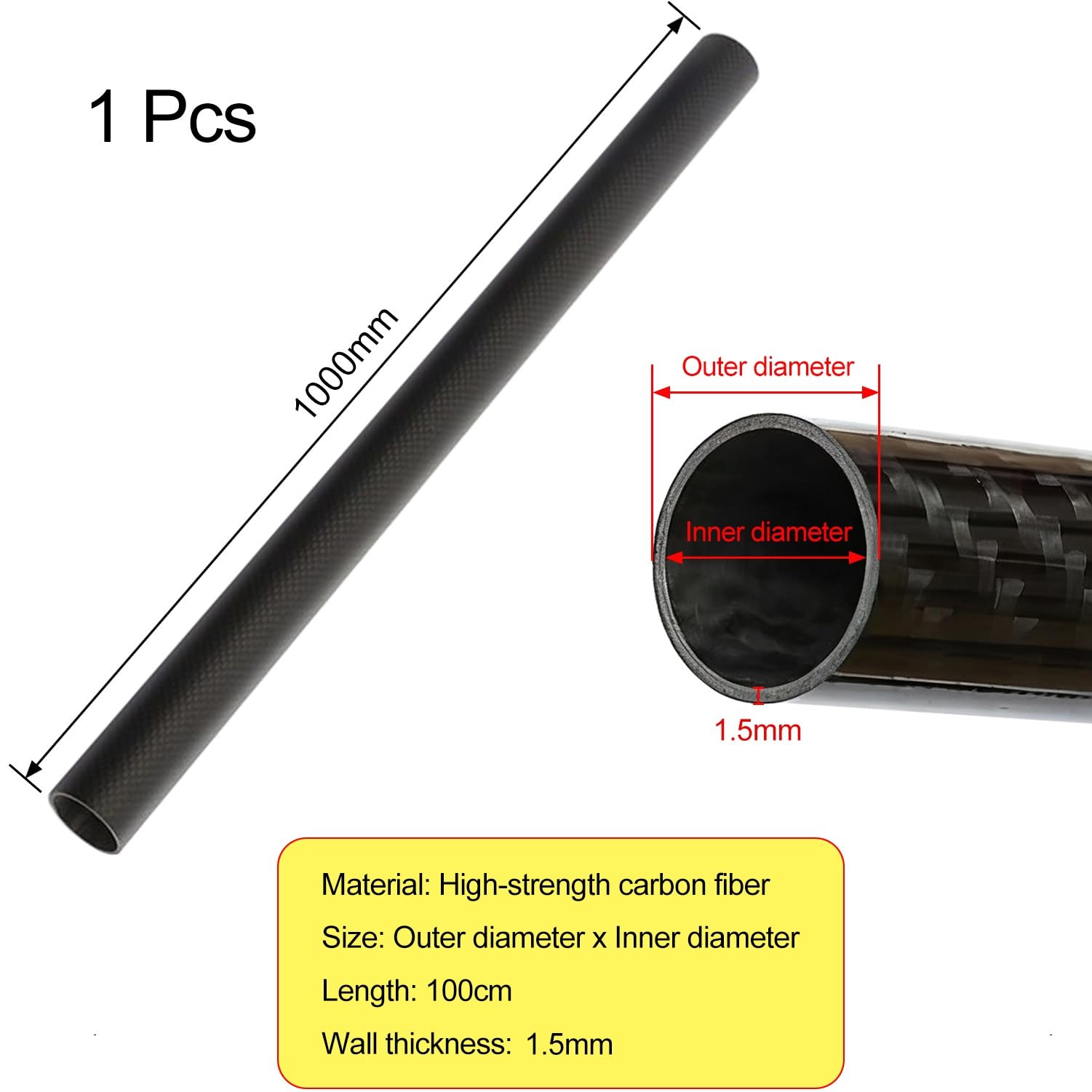 Rura z włókna węglowego, 100 cm Rura z włókna węglowego Twill Matte 1,5 mm Grubość ścianki Czarna średnica 6-50 dla RC Drone(12x9mm)