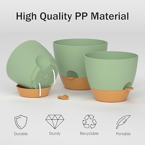 Miniatura 5 de ZMTECH Paquete de 3 macetas de 8910 pulgadas con borde de riego automático con agujeros de drenaje y platillo extraíble, maceta de plástico para