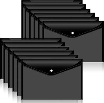 12pcs Plastic Filing Envelopes with Snap Button Closure ,Clear Document Folders for Letter A4 Size Files ,Poly Folders,for School and Office SuppliesBlack