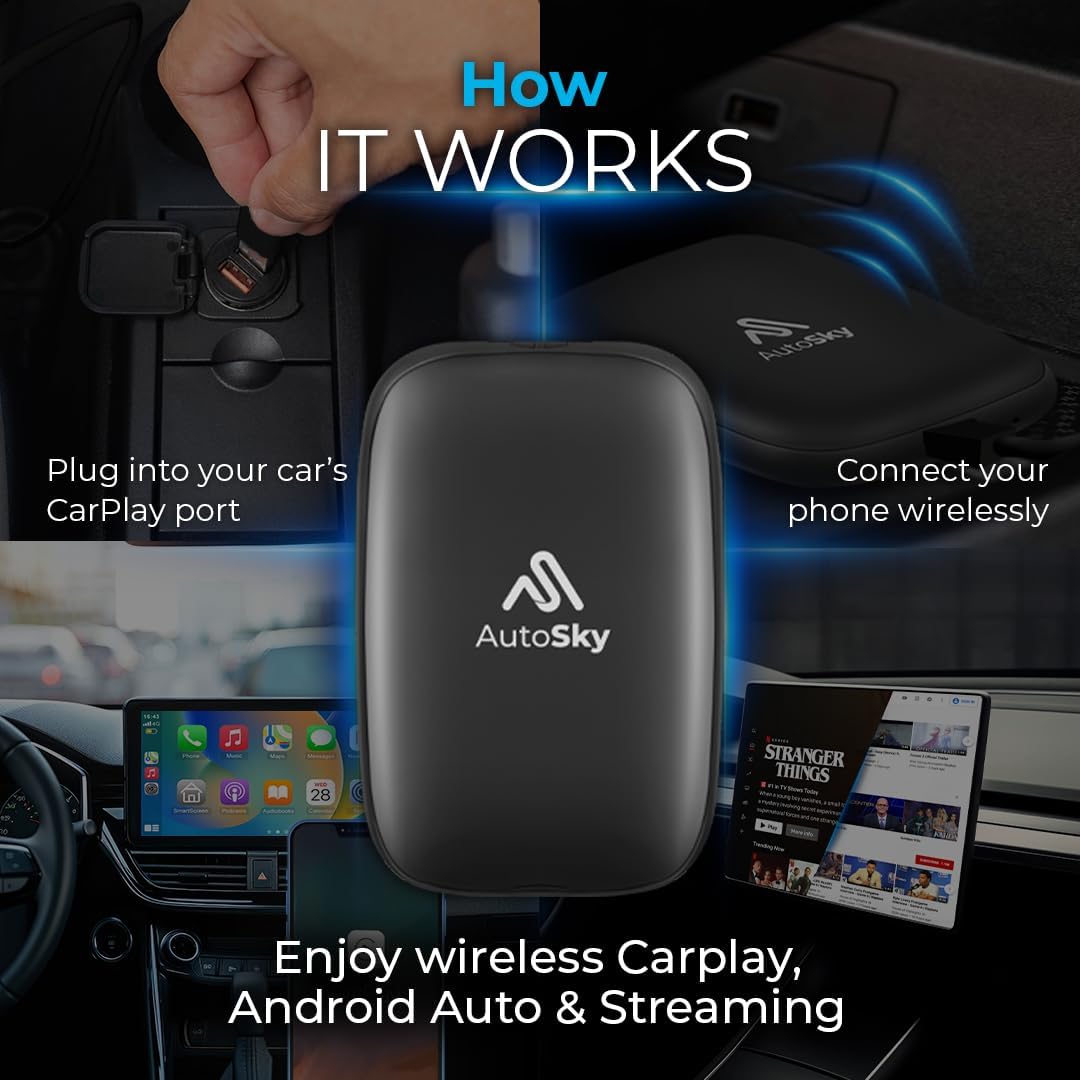 AutoSky AI Box Lite – Wireless CarPlay & Android Auto Adapter, Plug-and-Play, Fast Connection, Stable Performance, Stream Netflix & YouTube via Hotspot, Works with OEM Touchscreen
