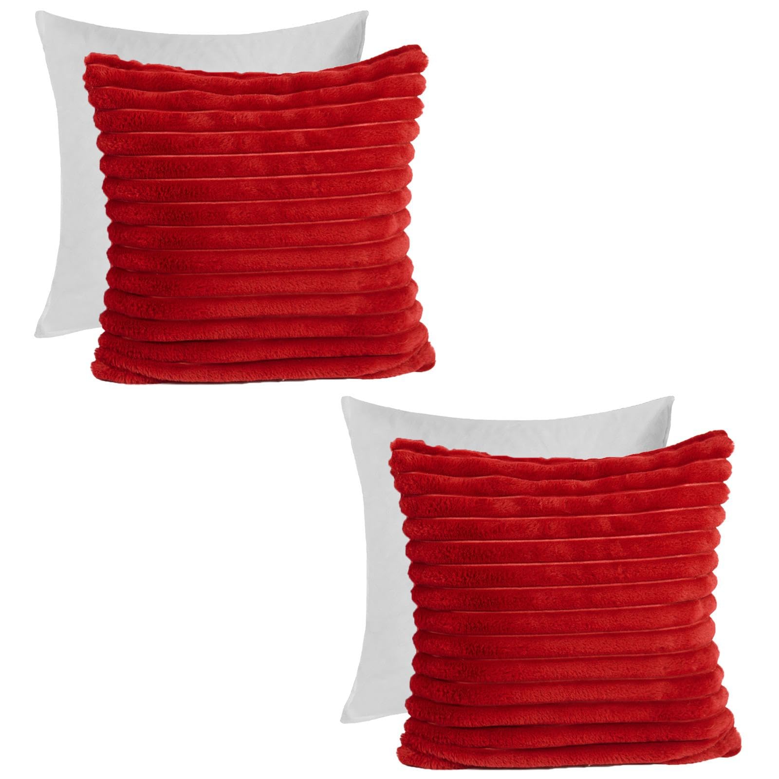 Ohs Red Ribbed Sofa Cushion Covers Faux Fur, Filled Cushions With Covers Included Scatter Cushion Pads 45 X 45 Throw Pillows Living Room Soft Thick Comfy Cushions, Pack Of 2
