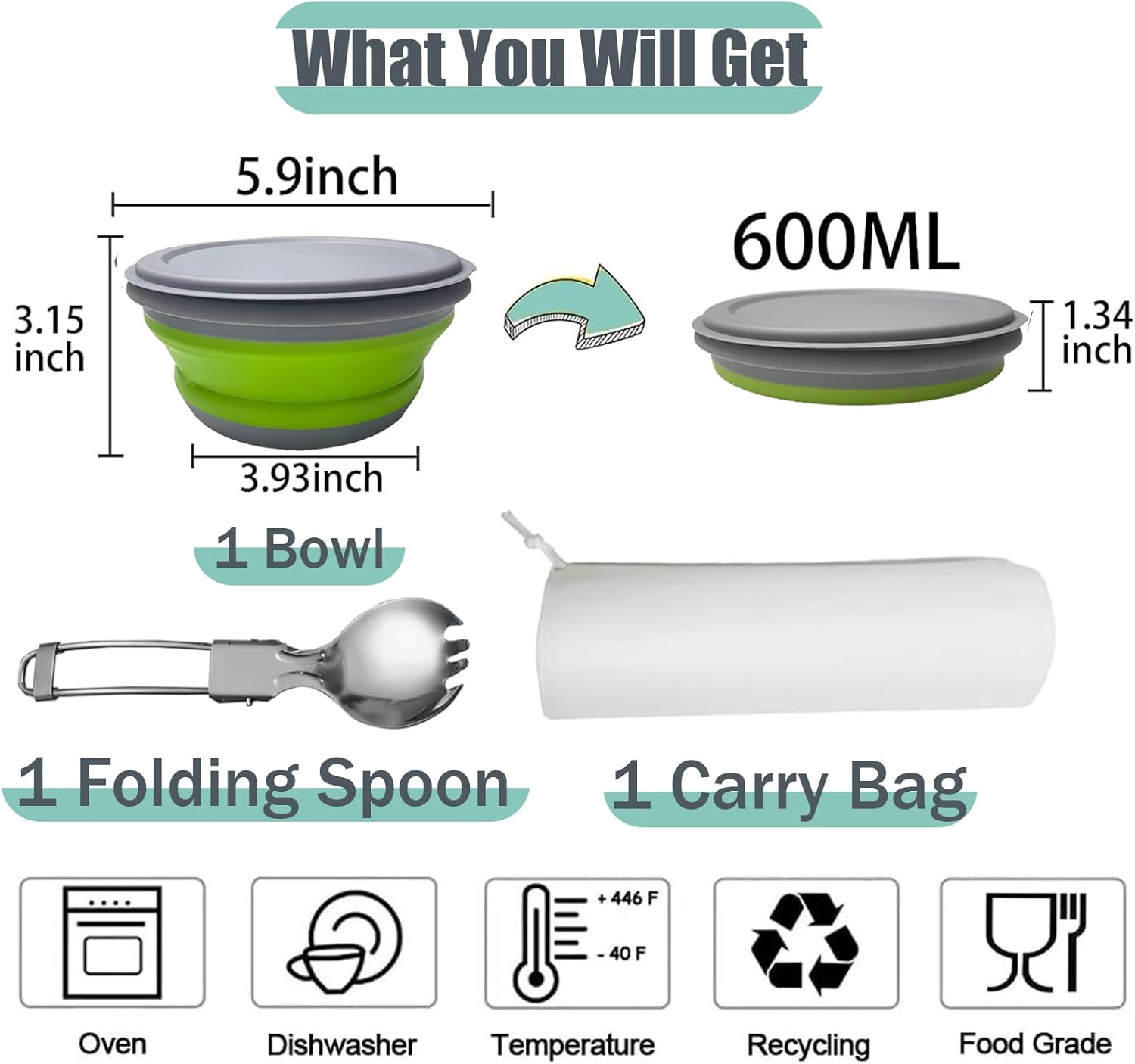 RMAMSCOV Collapsible Camping Bowl with Lid,1 Pack Silicone Salad Bowl Serving, Microwave Foldable Soup Ramen Serving for Travel, Picnic, Rv(Green) - Image 2