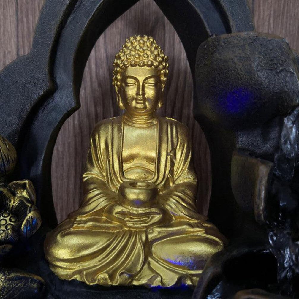 BESPORTBLE Buddha Waterfall Fountain Chinese-Style Tabletop Resin Decor Led Light Indoor Relaxation Water Feature for Meditation and Tranquil Atmosphere for Home Office