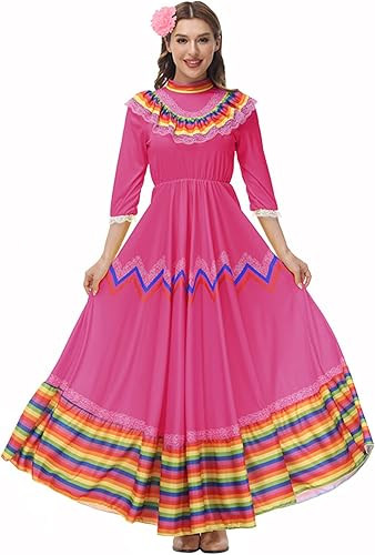 Faltern Vestido de Cinco de Mayo mexicano para mujer, vestido de fiesta mexicana, vestido tradicional folklórico mexicano para mujer
