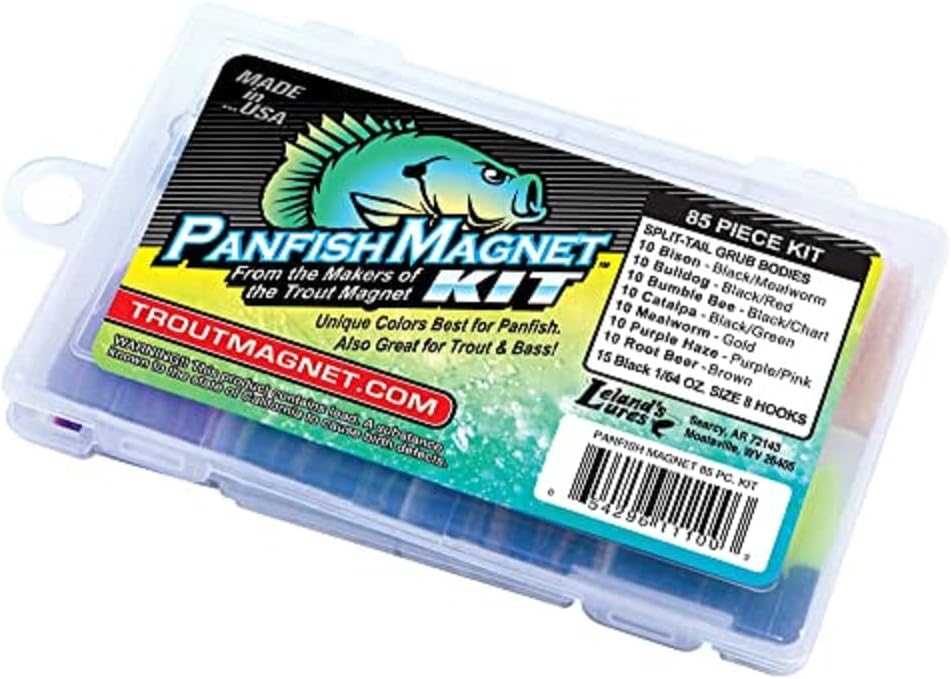 Trout Magnet 85 Piece Panfish Magnet Kit, with A Longer Shad Dart Hook, Includes 70 Split Tail Grub Bodies, 15 Black Size 8 Hooks, Catches All Types of Fish