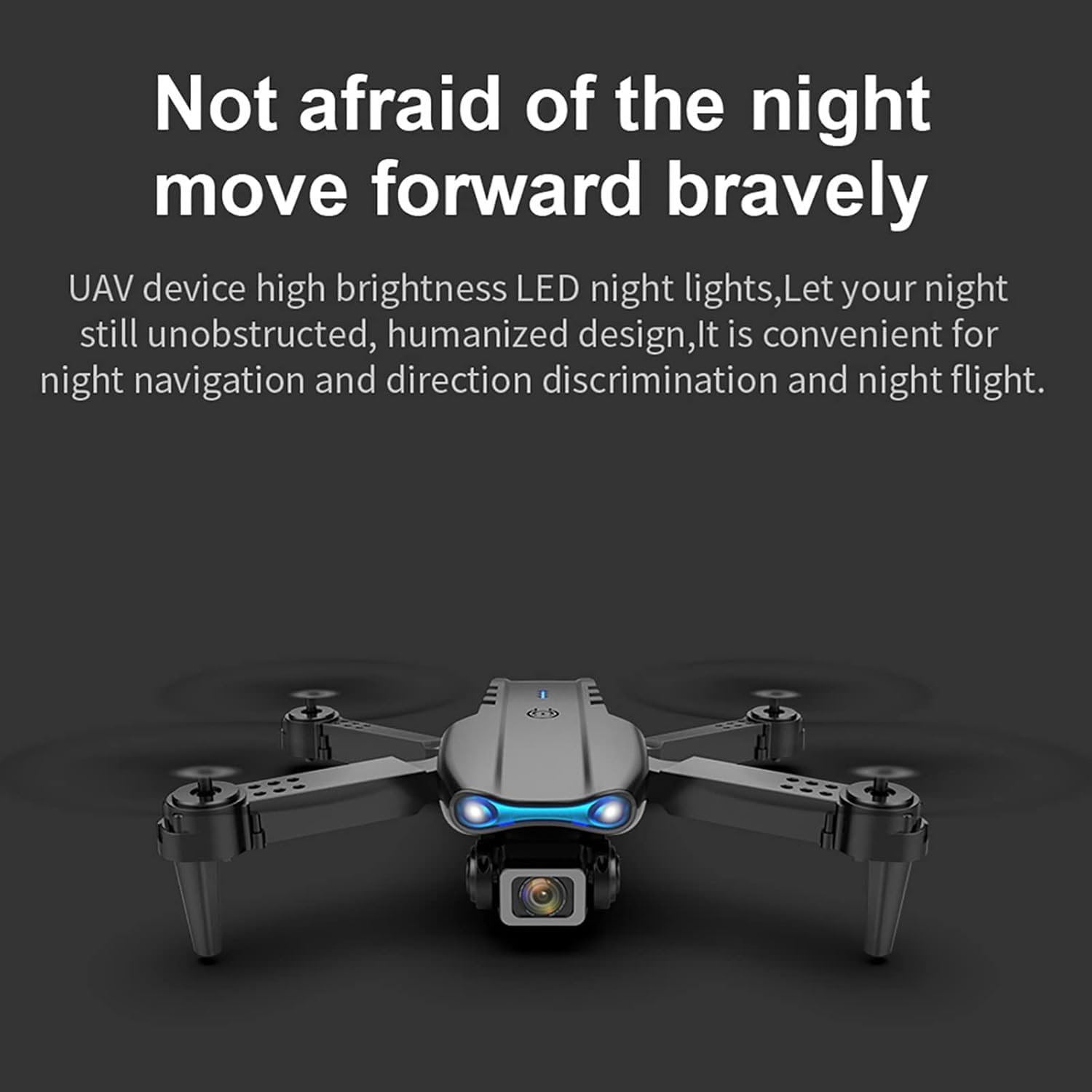 Drone with illuminated LED lights in a dark setting, indicating night flight capability