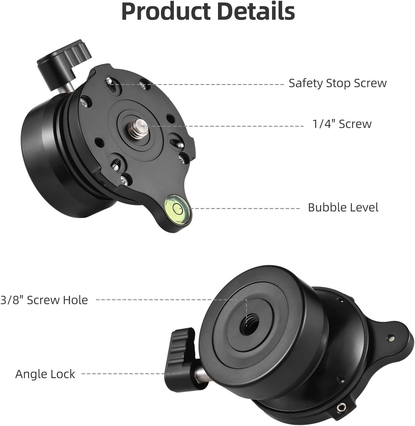 Andoer Tripod Levelling Base, Levelling Ball Head Camera Levelling Device, Aluminium Tripod Levelling Base with -15°/+15° Tilt, Spirit Level, 1/4 Inch Screw for Canon, Nikon, Sony DSLR Cameras